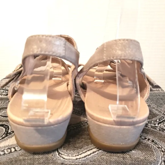 Dansko Angela Sand Metallic Shimmer Nubuck Asymmetrical Straps Wedge Sandals 41