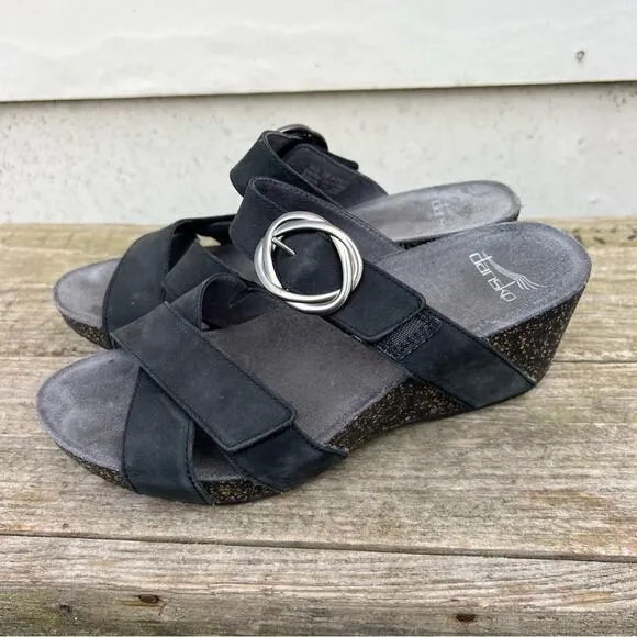 Dansko Susie Black Wedge Nubuck Leather Slide Sandals Size 36