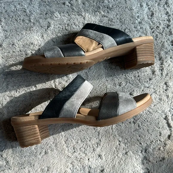 Dansko Theresa Open Toe Leather Sandals in Black Gray Block Heel 39 US 9