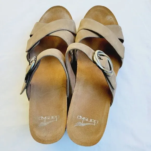 Dansko Women's Taupe Milled Nubuck Leather Susie Wedge Sandals - 40 (US 9.5/10)