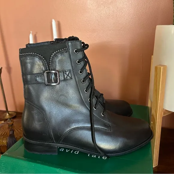 David Tate College Black Calf Combat Boots Lace Up Buckles NEW Size 12WW