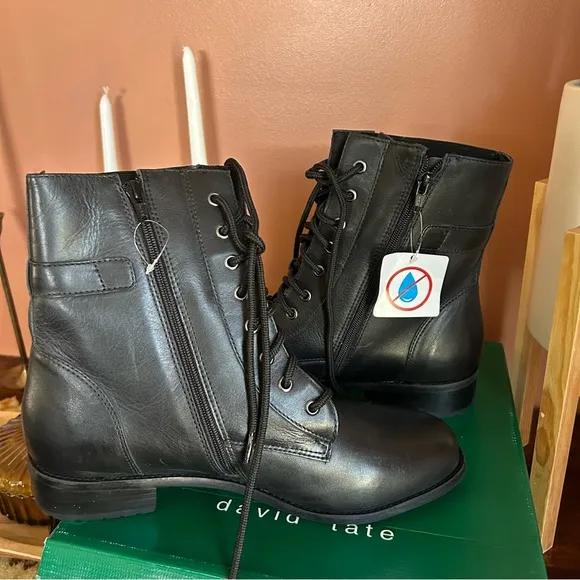 David Tate College Black Calf Combat Boots Lace Up Buckles NEW Size 12WW
