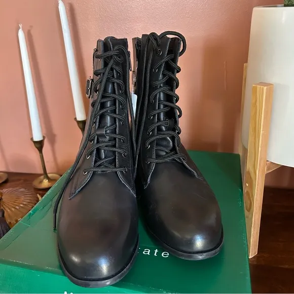 David Tate College Black Calf Combat Boots Lace Up Buckles NEW Size 12WW