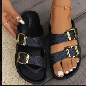 Double Buckle Open Toe Sandals in black - NEW - 8 (38)