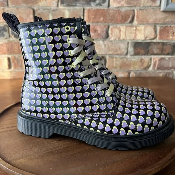Dr. Martens 1460 Patent Leather Heart Print Boots Shoes Purple Yellow Size 6