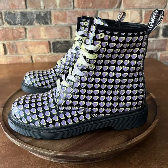 Dr. Martens 1460 Patent Leather Heart Print Boots Shoes Purple Yellow Size 6