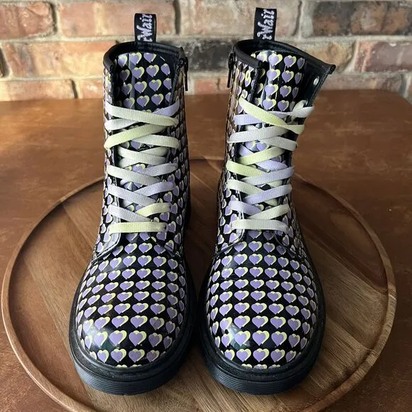 Dr. Martens 1460 Patent Leather Heart Print Boots Shoes Purple Yellow Size 6