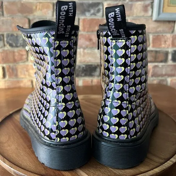 Dr. Martens 1460 Patent Leather Heart Print Boots Shoes Purple Yellow Size 6