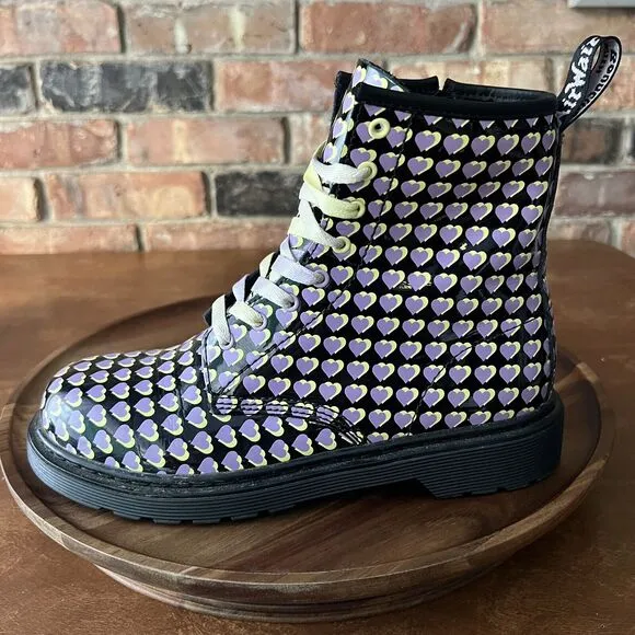 Dr. Martens 1460 Patent Leather Heart Print Boots Shoes Purple Yellow Size 6