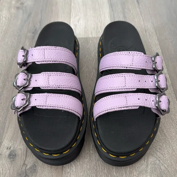 DR. MARTENS BLAIRE FLOWER BUCKLE LEATHER SLIDE SANDALS