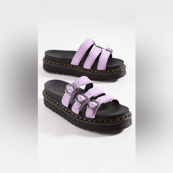 DR. MARTENS BLAIRE FLOWER BUCKLE LEATHER SLIDE SANDALS