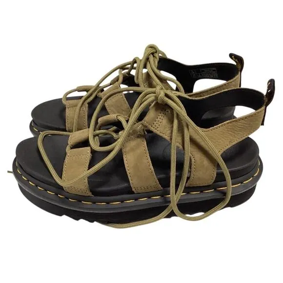 Dr Martens Sandals Women 7 Green Nartilla Leather Lace Up Platform Gladiator NEW