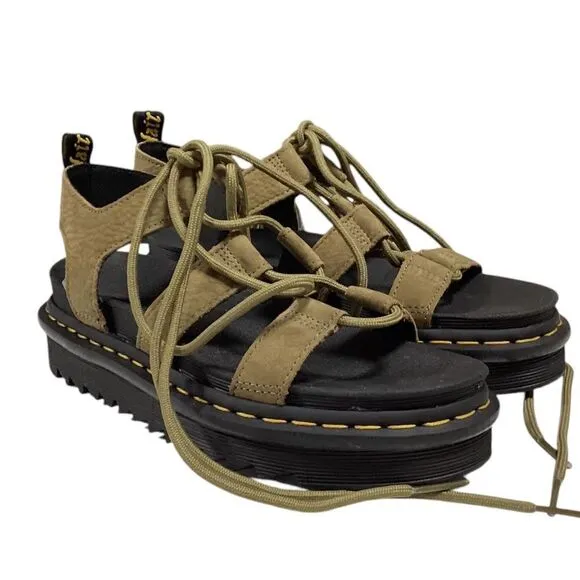 Dr Martens Sandals Women 7 Green Nartilla Leather Lace Up Platform Gladiator NEW