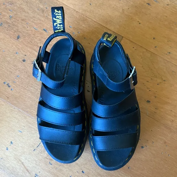 Dr. Martens Women’s Blaire Black Ankle Strap Sandals Hydro Leather Buckle, US 5