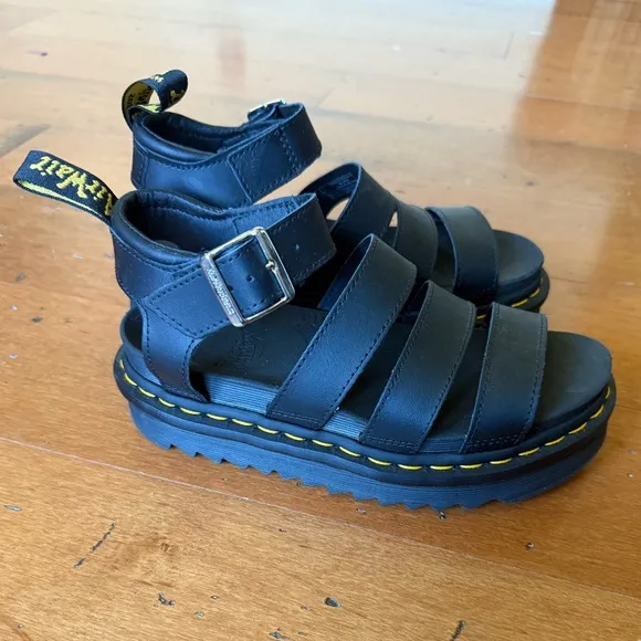 Dr. Martens Women’s Blaire Black Ankle Strap Sandals Hydro Leather Buckle, US 5