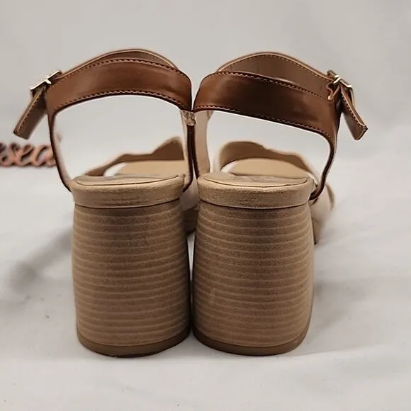 🥼DR.SCHOLLS🥼 MARIAH BLOCK🩴 HEELED LIGHT/ BROWN SMOOTH FABRIC LADIES  8.5 NWOB