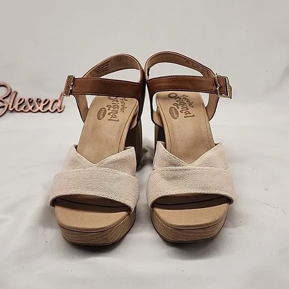 🥼DR.SCHOLLS🥼 MARIAH BLOCK🩴 HEELED LIGHT/ BROWN SMOOTH FABRIC LADIES  8.5 NWOB