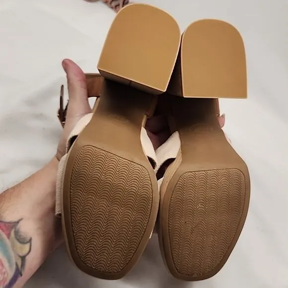 🥼DR.SCHOLLS🥼 MARIAH BLOCK🩴 HEELED LIGHT/ BROWN SMOOTH FABRIC LADIES  8.5 NWOB