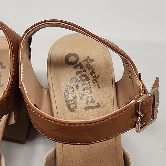 🥼DR.SCHOLLS🥼 MARIAH BLOCK🩴 HEELED LIGHT/ BROWN SMOOTH FABRIC LADIES  8.5 NWOB