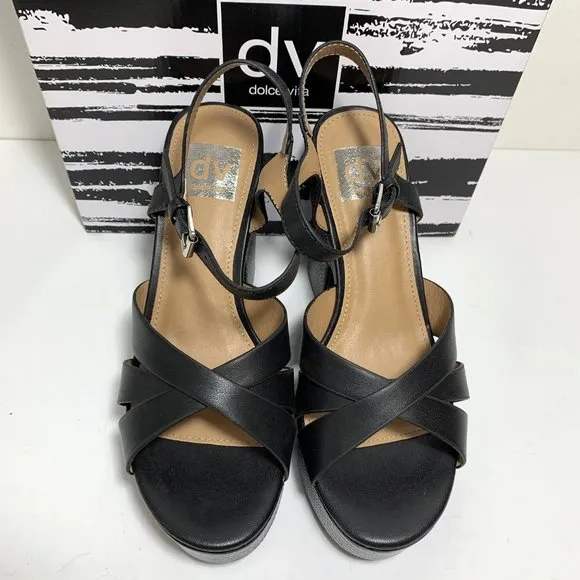 DV by Dolce Vita Colette Sandals Embossed Platform Heels Black Size 7 NEW
