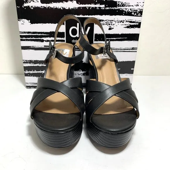 DV by Dolce Vita Colette Sandals Embossed Platform Heels Black Size 7 NEW