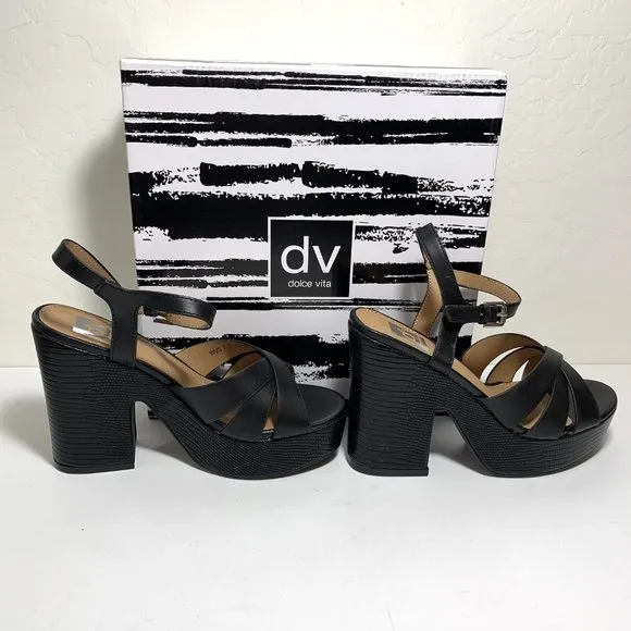 DV by Dolce Vita Colette Sandals Embossed Platform Heels Black Size 7 NEW