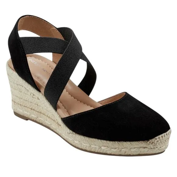Easy Spirit Women's Meza Casual Strappy Espadrille Wedge Sandals Black Size 7