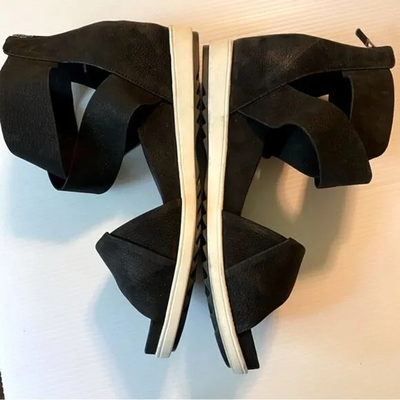 Eileen Fisher black leather Viv Criss Cross Wedge Sandals back zip shoes 11