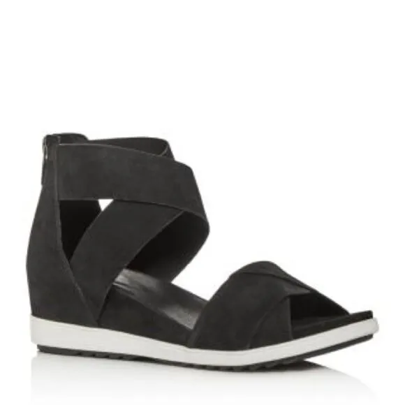 Eileen Fisher black leather Viv Criss Cross Wedge Sandals back zip shoes 11