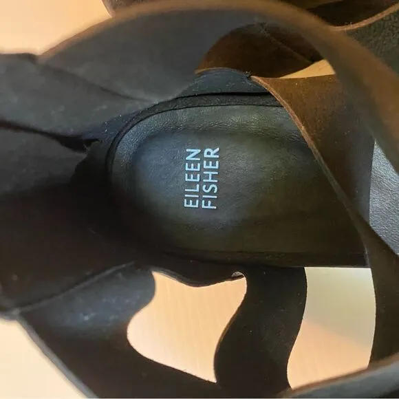 Eileen Fisher black leather Viv Criss Cross Wedge Sandals back zip shoes 11