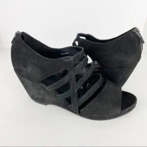 Eileen Fisher Dewey Black Nubuck Leather Strappy Wedge Sandals