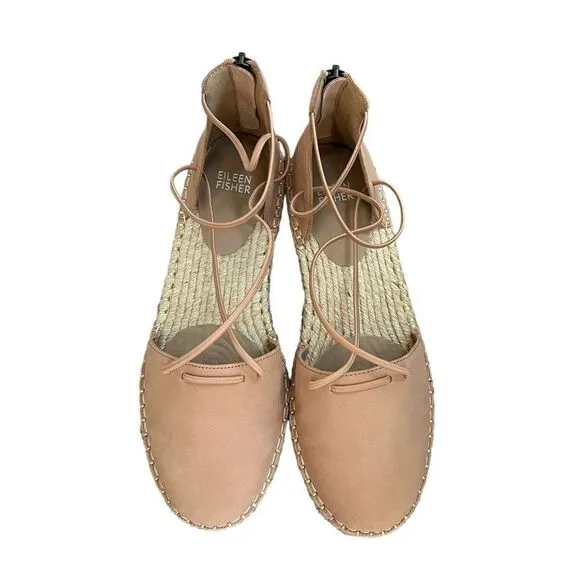 Eileen Fisher espadrille lace-up sandals in toffee cream leather size 8 NWB