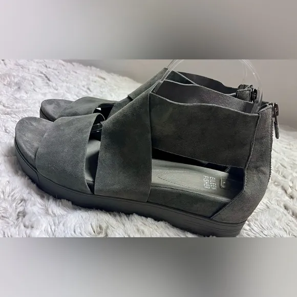 Eileen Fisher Gray Suede Strappy Sandals Sport Platform Size 9