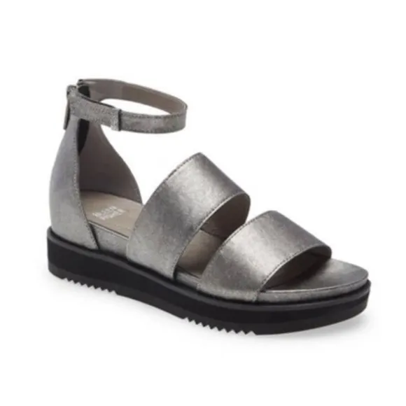 Eileen Fisher Keno Platform Sandal Silver Metallic Leather Chunky Women’s Sz 10