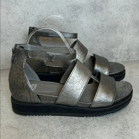 Eileen Fisher Keno Platform Sandal Silver Metallic Leather Chunky Women’s Sz 10