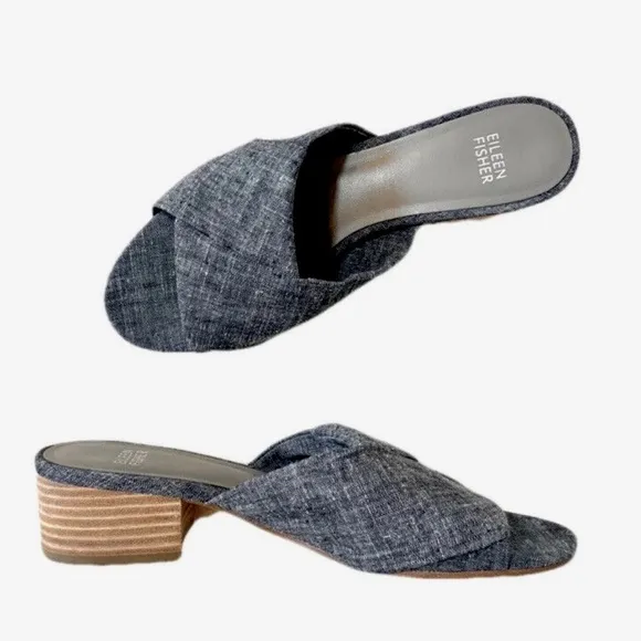 Eileen Fisher Ruche Mule Sandals Chambray Blue Denim Block Heel Comfort Size 8