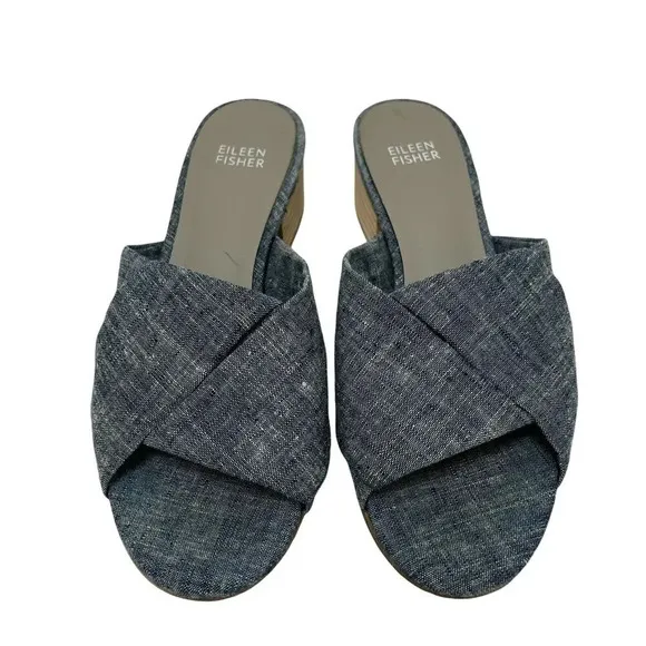 Eileen Fisher Ruche Mule Sandals Chambray Blue Denim Block Heel Comfort Size 8