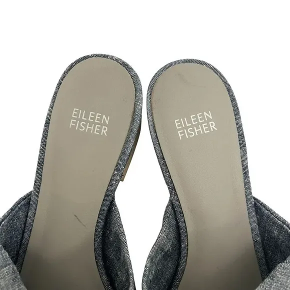 Eileen Fisher Ruche Mule Sandals Chambray Blue Denim Block Heel Comfort Size 8