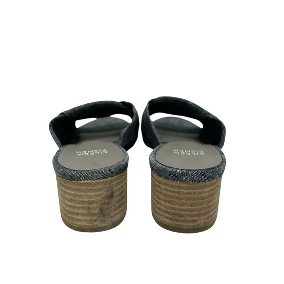 Eileen Fisher Ruche Mule Sandals Chambray Blue Denim Block Heel Comfort Size 8