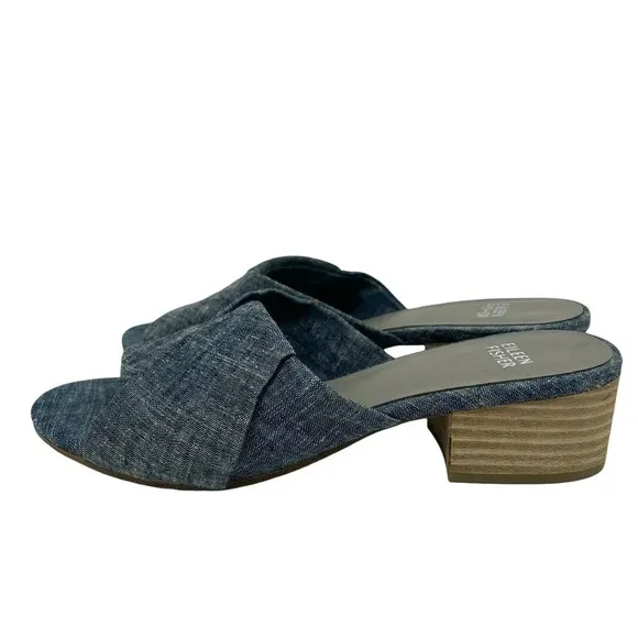 Eileen Fisher Ruche Mule Sandals Chambray Blue Denim Block Heel Comfort Size 8