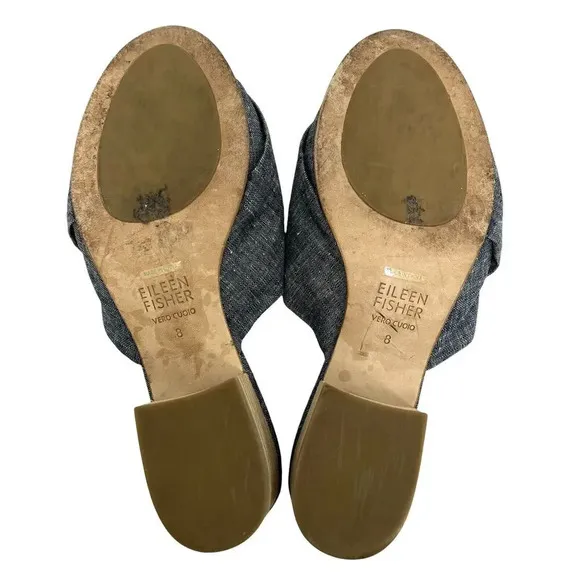 Eileen Fisher Ruche Mule Sandals Chambray Blue Denim Block Heel Comfort Size 8