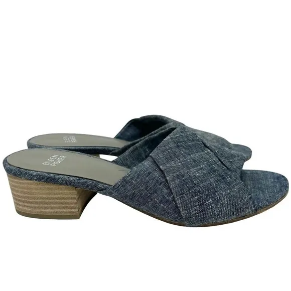 Eileen Fisher Ruche Mule Sandals Chambray Blue Denim Block Heel Comfort Size 8