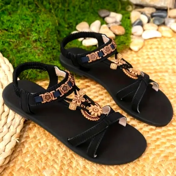 Elegant Black and Gold Women's Sandals Sz 8