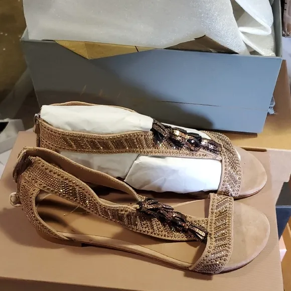 Elegant Tan Sandals with Rhinestone Detailing