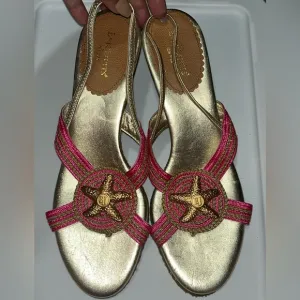 Eric Javits Gold &amp; Pink Leather Slingback Sandals Heels Size 10M