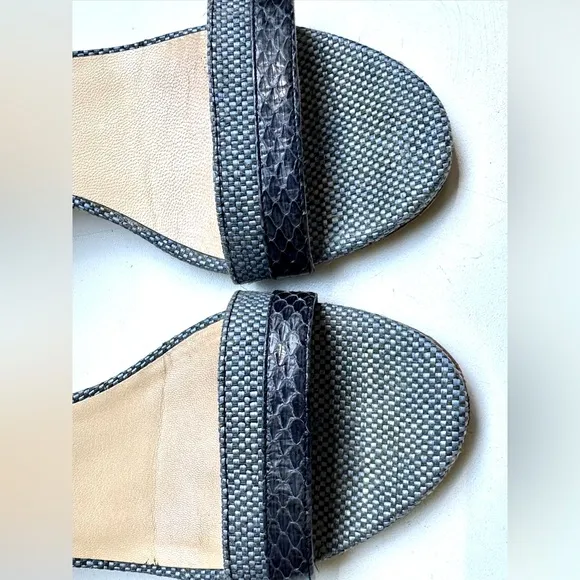 EUC JIMMY CHOO Mansy Raffia Ankle Wrap Wedge Sandal in Navy - 37, US 7
