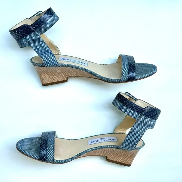 EUC JIMMY CHOO Mansy Raffia Ankle Wrap Wedge Sandal in Navy - 37, US 7