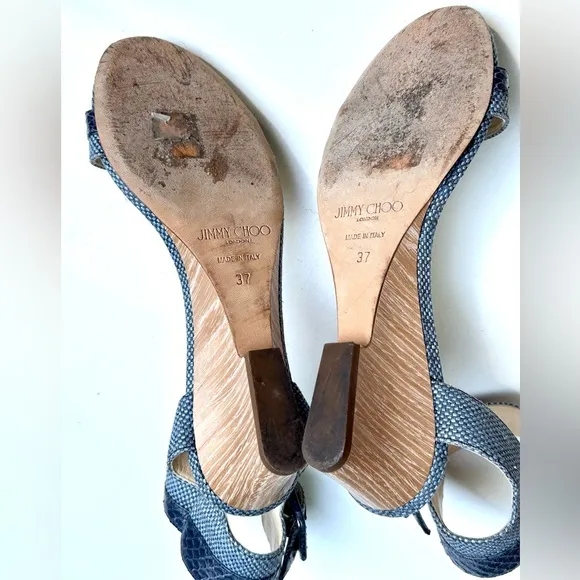 EUC JIMMY CHOO Mansy Raffia Ankle Wrap Wedge Sandal in Navy - 37, US 7