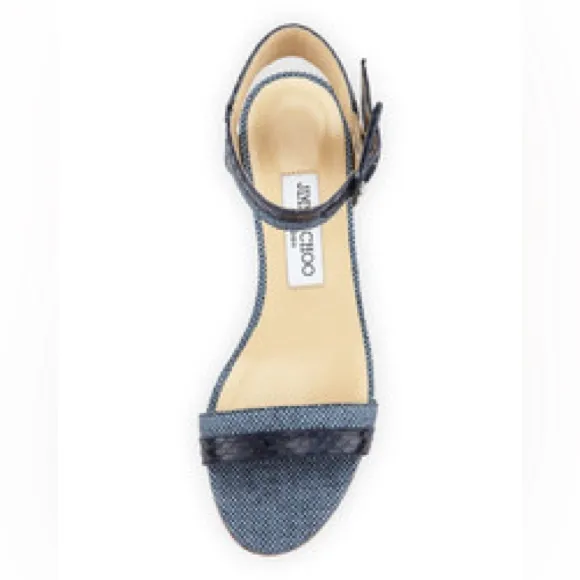 EUC JIMMY CHOO Mansy Raffia Ankle Wrap Wedge Sandal in Navy - 37, US 7
