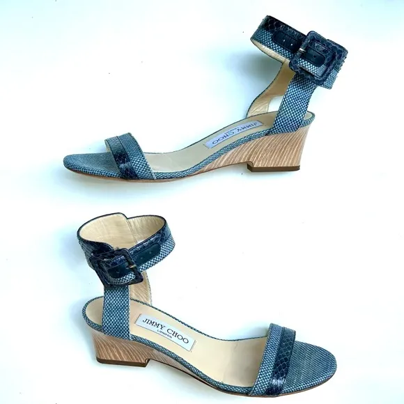 EUC JIMMY CHOO Mansy Raffia Ankle Wrap Wedge Sandal in Navy - 37, US 7